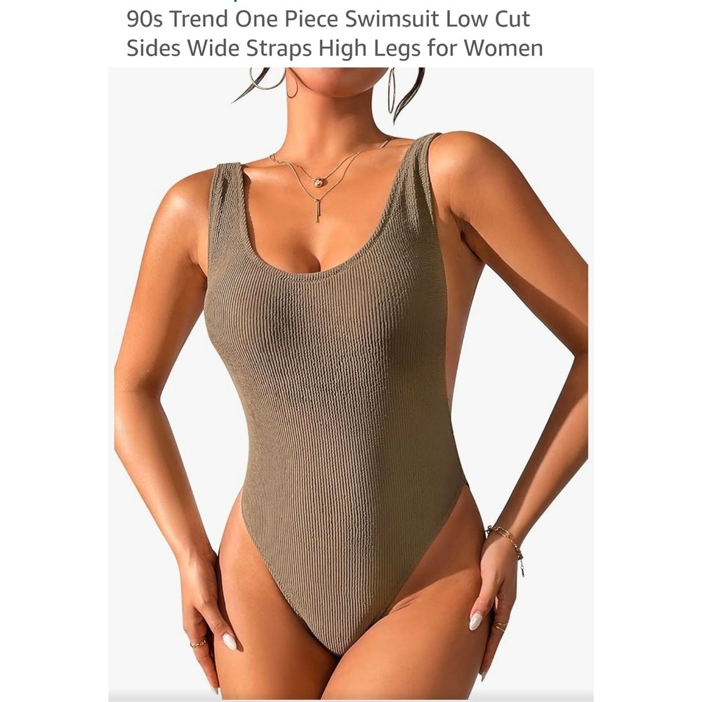 90s Trend Ribbed One Piece Swimsuit Low Cut Side High Leg Olive Green XL 16